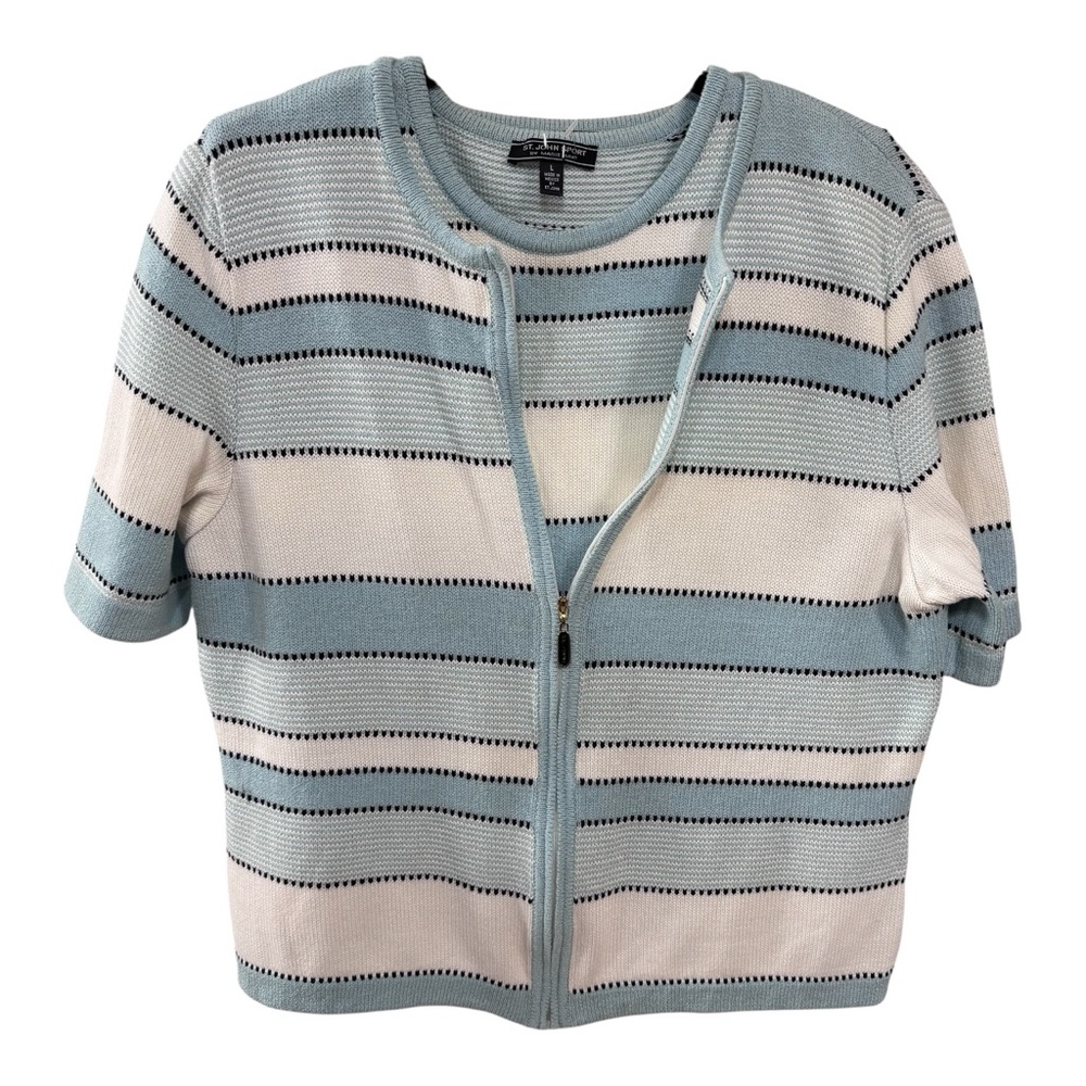 NWOT St John Sport 2 Pc Stripe Zip Knit Sweater & Tank Blue Black & White Sz L